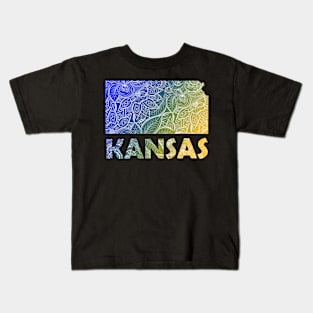 Colorful mandala art map of Kansas with text in blue and yellow Kids T-Shirt